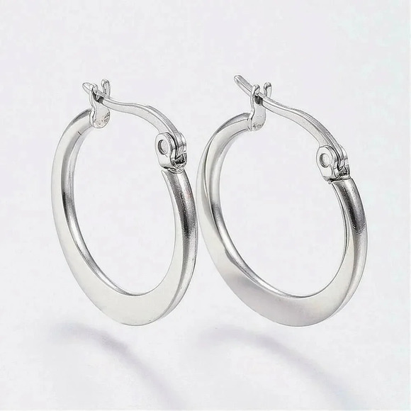 Surgical Stainless Steel Bladed Round 21x19mm Silver Hoop Earrings - Picture 1 of 2